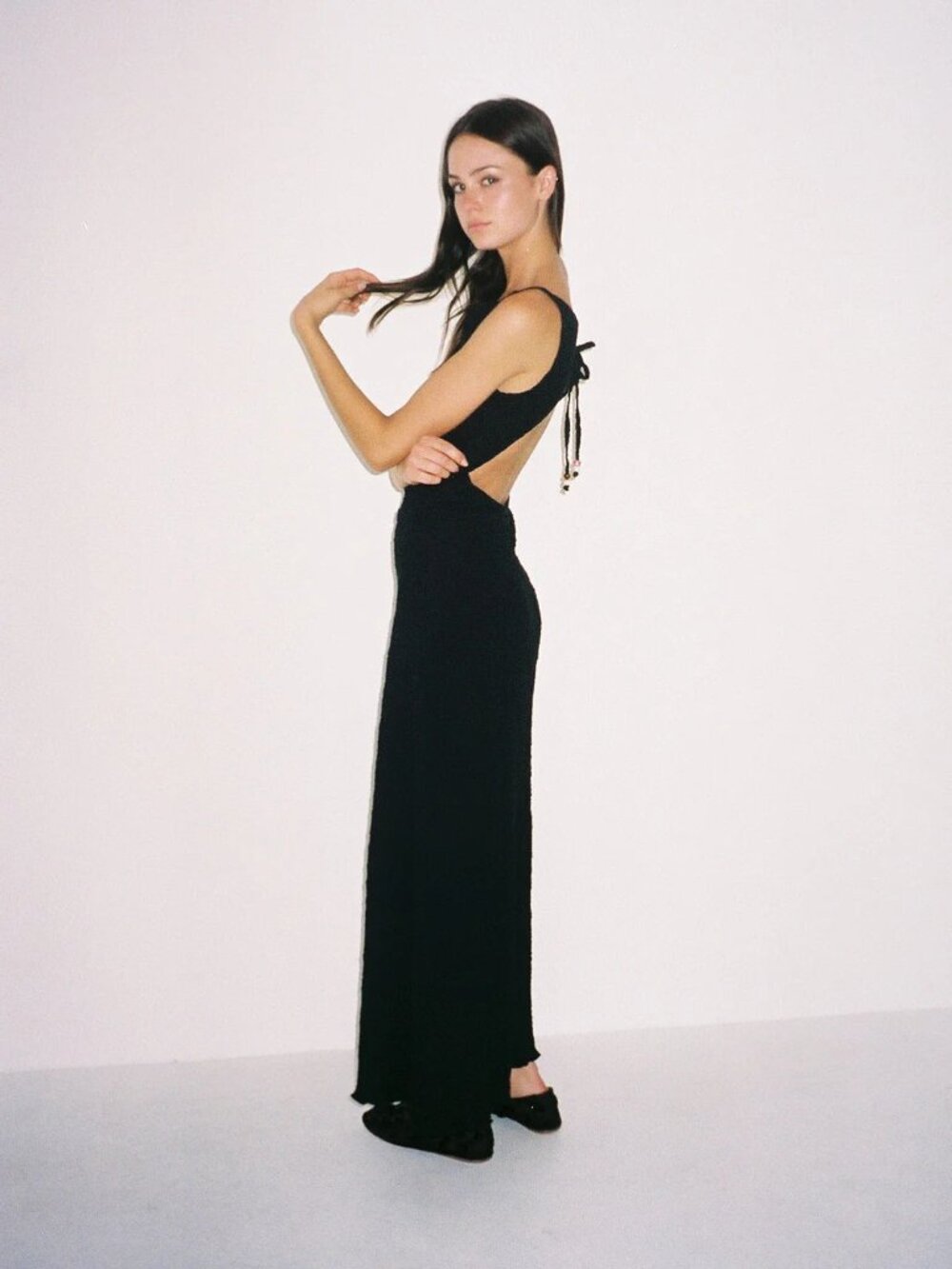 BNWT Lisa Says Gah Maya Crinkle Maxi Dress Open Back XS Black